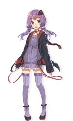  1girl :d animal_hood arms_at_sides bad_id bad_twitter_id blue_eyes cjl6y5r dress fang full_body hair_ornament highres hood hood_down hooded_jacket jacket long_sleeves looking_at_viewer open_mouth oweee purple_dress purple_hair purple_thighhighs rabbit_hood shoes short_dress short_hair_with_long_locks sidelocks simple_background smile solo standing thighhighs vocaloid voiceroid white_background yuzuki_yukari 