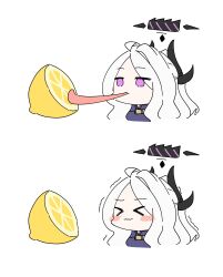  1girl absurdres ahoge blue_archive blush commentary demon_horns english_commentary food fruit halo highres hina_(blue_archive) horns lemon long_hair meme multiple_horns parted_bangs purple_eyes solo sour_(taste) thour_(meme) tongue tongue_out very_long_hair white_hair zenome_leon 