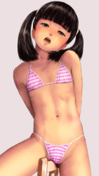 1girl arms_behind_back bikini black_hair blush breasts brown_eyes crotch_rub female_focus female_masturbation grey_background groin head_tilt highres loli long_hair looking_at_viewer masturbation moaning navel open_mouth original popopon see-through simple_background small_breasts solo straddling striped_bikini striped_clothes swimsuit tears thighs twintails rating:Explicit score:246 user:danbooru