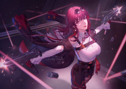  1girl black_coat black_jacket black_shorts breasts closed_mouth coat cowboy_shot dual_wielding earrings eyewear_on_head firing gloves gun hair_between_eyes high-waist_shorts highres holding holding_gun holding_weapon honkai:_star_rail honkai_(series) jacket jewelry kafka_(honkai:_star_rail) ladywaltz long_hair long_sleeves looking_at_viewer mac-10/11 medium_breasts open_clothes open_jacket outstretched_arms pantyhose pantyhose_under_shorts pink_lips purple_eyes purple_gloves purple_hair purple_pantyhose ricocheting round_eyewear shell_casing shirt short_shorts shorts sidelocks solo standing submachine_gun sunglasses thighs unworn_eyewear unworn_sleeves weapon white_shirt 