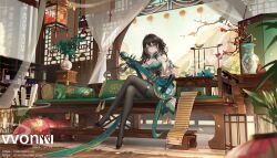  1girl architecture bamboo_scroll barefoot bird black_hair black_pantyhose black_thighhighs blurry book book_stack breasts calligraphy_brush chair china_dress chinese_clothes cleavage crossed_legs cup curtains depth_of_field dress east_asian_architecture full_body gloves green_eyes hair_between_eyes hair_ornament highres holding holding_instrument honkai:_star_rail honkai_(series) huge_breasts indoors instrument lantern large_breasts lattice long_hair looking_at_viewer music paintbrush pantyhose plant playing_instrument ruan ruan_mei_(honkai:_star_rail) scenery shelf shoe_dangle sitting smile solo table teacup teapot thigh_strap thighhighs v-von vase window wooden_floor 