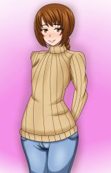  1boy androgynous brown_eyes brown_hair highres looking_at_viewer male_focus my_(mitinaka) solo sweater trap turtleneck wide_hips 