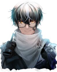 glasses hydraix_choi image_sample looking_at_viewer noan:_arca_(punishing:_gray_raven) noan_(punishing:_gray_raven) pixiv_sample punishing:_gray_raven smile solo solo_focus walkie-talkie white_background yellow_eyes