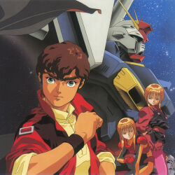  1990s_(style) 1boy 2girls beam_cannon bodysuit brown_hair commentary cover dress elpeo_puru english_commentary green_eyes gundam gundam_zz highres jacket judau_ashta kitazume_hiroyuki kneeling looking_at_another looking_at_viewer mecha mobile_suit multiple_girls muzzle orange_hair pilot_suit puru_two retro_artstyle robot scan science_fiction serious star_(symbol) starry_background traditional_media upper_body v-fin wristband zz_gundam 