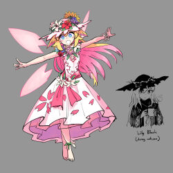  +_+ 1girl absurdres alternate_costume barefoot blonde_hair blue_eyes character_name dress floral_print floral_print_dress flower grey_background hat hat_flower highres kaibootsu lily_black lily_white long_hair looking_at_viewer open_mouth pink_wings sleeveless sleeveless_dress smile solo touhou white_dress wings 