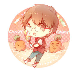  1boy back_bow blue_pants border bow brooch brown_eyes brown_hair candy candy_candy_(song) carrot chibi cloud collared_shirt commentary_request denim english_text food glasses heart heart_brooch holding holding_candy holding_food holding_lollipop indie_utaite jeans jewelry light_particles lollipop male_focus open_mouth pants polka_dot polka_dot_background red-framed_eyewear red_background red_bow red_vest rella round_border shirt shoose short_hair short_sleeves socks solo song_name swirl_lollipop utaite vest white_border white_shirt white_socks white_wrist_cuffs wrist_cuffs 