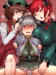 3girls animal_ears biting bow breasts brown_eyes brown_hair cat_ears chen cleft_of_venus commentary ear_biting fingernails girl_sandwich hair_bow hat highres jewelry kaenbyou_rin large_breasts mouse_ears multiple_girls nail_polish nazrin panties pantyshot pendant pussy_juice red_eyes red_hair sandwiched sitting spread_legs starraisins tearing_up touhou trembling underwear wet wet_clothes wet_panties white_panties yuri rating:Explicit score:121 user:danbooru