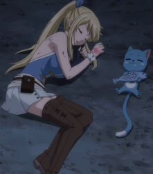  1boy 1girl blonde_hair boots cat fairy_tail happy_(fairy_tail) lucy_heartfilia screencap stitched third-party_edit  rating:Questionable score:15 user:redblue99