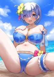  1girl :d absurdres alternate_costume arm_at_side armpit_crease bare_shoulders bikini blue_bikini blue_eyes blue_hair blunt_bangs blush breasts bridal_garter bright_pupils cameltoe cleavage commentary_request commission curvy day eyes_visible_through_hair feet_out_of_frame floral_print flower frilled_bikini frills hair_flower hair_ornament hair_over_one_eye hand_on_own_chest hand_up happy highres jewelry large_breasts long_bangs looking_at_viewer navel necklace okayusonmu open_mouth outdoors pearl_necklace print_bikini re:zero_kara_hajimeru_isekai_seikatsu re:zero_kara_hajimeru_isekai_seikatsu:_lost_in_memories rem_(re:zero) round_teeth shiny_skin short_hair sitting skeb_commission smile solo spread_legs swimsuit teeth thick_eyebrows thighs upper_teeth_only yellow_flower 