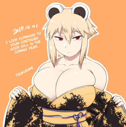 1girl 2018 animal_ears araiguma-san bare_shoulders blonde_hair breasts_squeezed_together breasts bursting_breasts cleavage collarbone commentary_request dated expressionless hard-translated huge_breasts japanese_clothes kimono looking_at_viewer new_year no_bra obi off_shoulder original raccoon_ears red_eyes sash short_hair skindentation solo third-party_edit translated tsukudani_(coke-buta) wide_sleeves rating:Questionable score:17 user:StolenTranslations