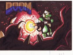  armor copyright_name demon doom_(game) doom_(series) doomguy firing gun helmet monster shotgun weapon 