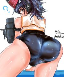 1boy ? ass bare_shoulders blue_hair blush brown_eyes bulge from_behind genderswap genderswap_(ftm) hat highres huge_ass i-14_(kancolle) kakiiro_(takuya) kantai_collection leaning leaning_forward long_hair looking_back male_focus one-piece_swimsuit school_swimsuit shiny_clothes shiny_skin solo swimsuit thighs trap twintails rating:Questionable score:12 user:armorcrystal