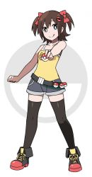1girl :q belt belt_skirt black_thighhighs blue_eyes breasts brown_hair camisole closed_mouth creatures_(company) full_body game_freak hair_between_eyes hair_ribbon highres legs_apart looking_at_viewer nintendo original parody poke_ball poke_ball_(basic) poke_ball_hair_ornament pokemon red_ribbon ribbon shoes short_shorts shorts simple_background sky-freedom sky_(sky-freedom) small_breasts smile sneakers solo standing style_parody thighhighs tongue tongue_out twintails two_side_up white_background rating:Sensitive score:27 user:danbooru