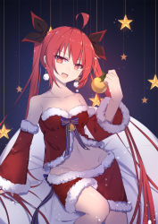 &gt;:d 1girl :d ahoge alternate_costume arm_support bare_legs bare_shoulders bell black_ribbon blue_bow bow breasts christmas cleavage collarbone date_a_live detached_sleeves earrings fur-trimmed_skirt fur-trimmed_sleeves fur-trimmed_tube_top fur_trim gift_bag grin hair_between_eyes hair_ribbon hand_up happy head_tilt highres holding itsuka_kotori jewelry legs long_hair long_sleeves looking_at_viewer midriff miniskirt mo_(pixiv9929995) navel neck open_mouth red_detached_sleeves red_eyes red_hair red_skirt red_tube_top ribbon sack santa_costume sitting skirt sleeves_past_wrists small_breasts smile solo star_(symbol) stomach strapless tube_top twintails very_long_hair rating:Sensitive score:19 user:danbooru