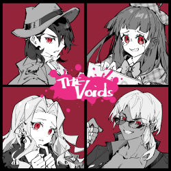  2boys 2girls bandaged_hand bandages beret black_border blood blood_splatter blunt_bangs border bow bowler_hat bowtie clenched_hands coat collarbone collared_coat collared_shirt commentary crazy crying crying_with_eyes_open danganronpa_(series) dark-skinned_male dark_skin determined drop_earrings earrings english_commentary english_text eyelashes eyes_visible_through_hair false_smile fingernails forehead frown fur_shawl furrowed_brow gisces greyscale_with_colored_background grin hair_over_one_eye hat high_collar highres holding holding_sketchbook jewelry long_hair looking_over_eyewear magorobi_emma makunouchi_hajime multiple_boys multiple_girls nijiue_iroha open_clothes open_coat open_mouth pectorals pen_behind_ear pink_blood plaid_capelet plaid_headwear red_background red_eyes scared shawl shirt short_hair simple_background sketchbook smile sphere_earrings spoilers spot_color streaming_tears sunglasses super_danganronpa_another_2 tears trench_coat upper_body wavy_hair wavy_mouth yomiuri_nikei 