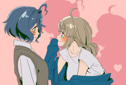  2girls ahoge araga_kiwi arms_at_sides bags_under_eyes blue_hair blue_jacket blush brown_eyes closed_mouth collarbone collared_shirt covering_own_mouth drop_shadow eye_contact grey_sweater_vest hair_between_eyes hair_intakes hiiragi_utena jacket kakeami light_brown_hair long_sleeves looking_at_another low_ponytail mahou_shoujo_ni_akogarete mole mole_under_eye multiple_girls off_shoulder parted_lips pink_background profile shirt short_hair sidelocks simple_background smile sweater_vest upper_body white_shirt yuri 