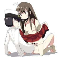 10s 1boy 1girl admiral_(kancolle) akagi_(kancolle) black_hair blush breasts brown_eyes brown_hair censored clothes_lift dokan_(dkn) femdom hat hetero kantai_collection military military_uniform nipples no_panties open_clothes open_shirt penis pussy shirt skirt skirt_lift thighhighs uniform rating:Explicit score:30 user:lukk5000g4