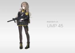 1girl absurdres armband blonde_hair brown_eyes dagger girls&#039;_frontline gun h&amp;k_ump h&amp;k_ump highres holding holding_gun holding_weapon holster jacket knife long_hair looking_at_viewer pantyhose pigeon-toed playing_with_own_hair solo storia submachine_gun suppressor thigh_strap ump45_(girls&#039;_frontline) weapon rating:Sensitive score:6 user:Anonymous
