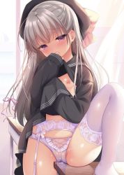  1girl blush breasts clothes_lift covering_own_mouth desk female_focus female_masturbation grey_hair loli looking_at_viewer masturbation nipples panties panty_straps purple_eyes pussy_juice school_desk skirt skirt_lift small_breasts socks solo tears underwear  rating:Explicit score:79 user:Leonume