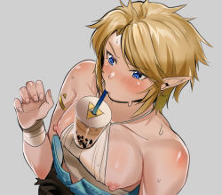  1boy absurdres blonde_hair blue_eyes blush drink drinking drinking_straw elf highres link nintendo nipples pointy_ears simple_background tamatamako01 the_legend_of_zelda the_legend_of_zelda:_breath_of_the_wild triforce  rating:Questionable score:14 user:gayshit