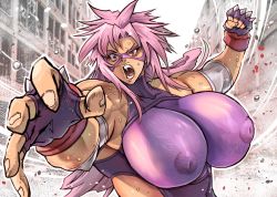 1girl angry breasts city dark-skinned_female dark_skin final_fuck fingerless_gloves gloves huge_breasts leotard long_hair mask muscular muscular_arms muscular_female open_mouth pink_hair purple_eyes s_berry solo upper_body wrestling_outfit