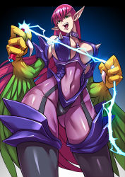  1girl absurdres bare_shoulders black_footwear blue_background bodysuit boots breastless_clothes breasts claws collar contrapposto covered_navel dominatrix duel_monster electric_whip electricity feathered_wings fewer_digits from_below gluteal_fold green_eyes hair_between_eyes harpie_lady harpie_lady_1 harpy highres holding holding_whip large_breasts long_hair looking_at_viewer monster_girl pink_hair pointy_ears ryuusei_(mark_ii) sharp_claws short_hair solo spiked_collar spikes standing straight_hair strap_gap talons thick_thighs thigh_boots thighhighs thighs tongue tongue_out very_long_hair whip winged_arms wings yu-gi-oh! yu-gi-oh!_duel_monsters  rating:Sensitive score:48 user:danbooru