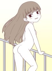  1girl :3 ass ass_focus blunt_bangs blush_stickers borrowed_character breasts brown_hair child_gf_(orenji) commentary completely_nude dimples_of_venus from_side gradient_background guard_rail leg_up limited_palette loli looking_at_viewer mesugaki nipples nude nyantka open_mouth original small_breasts smug solo symbol-only_commentary white_background yellow_background  rating:Questionable score:111 user:danbooru
