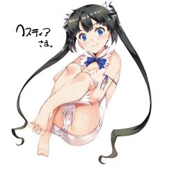 10s 1girl bare_legs bare_shoulders barefoot black_hair blue_eyes breasts cameltoe cleavage colored_eyelashes dungeon_ni_deai_wo_motomeru_no_wa_machigatteiru_darou_ka feet full_body gloves hair_ornament hestia_(danmachi) large_breasts legs looking_at_viewer md5_mismatch panties rei_no_himo resized simple_background smile solo tachibana_yuu twintails underwear white_background white_gloves white_panties rating:Questionable score:28 user:danbooru