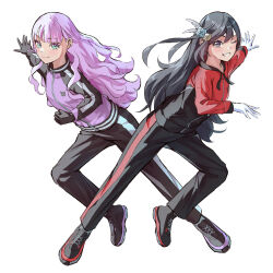 2girls ;d absurdres black_footwear black_gloves black_hair black_jacket black_pants black_sleeves blunt_bangs blush charging_forward clenched_hand closed_mouth commentary commission english_commentary feather_hair_ornament feathers flower gloves green_eyes grey_eyes grin hair_flower hair_ornament highres in-franchise_crossover jacket long_hair long_sleeves looking_at_viewer love_live! love_live!_nijigasaki_high_school_idol_club love_live!_superstar!! multicolored_clothes multicolored_jacket multiple_girls notinversion one_eye_closed one_side_up open_mouth pants purple_hair purple_jacket red_jacket second-party_source shoes simple_background smile sneakers striped_clothes striped_pants symmetry track_jacket track_pants track_suit two-tone_jacket wavy_hair white_background white_gloves wien_margarete yuki_setsuna_(love_live!) 