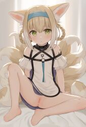  1girl :o absurdres animal_ears anus arknights bed_sheet blonde_hair blue_dress blue_hairband blush braid censored cleft_of_venus clitoral_hood curtains day dot_nose dress eyebrows_hidden_by_hair female_focus fox_ears fox_tail full_body gachigachi green_eyes hair_between_eyes hairband highres indoors loli looking_at_viewer mosaic_censoring multicolored_clothes multicolored_dress multicolored_hair multiple_tails no_shoes off-shoulder_dress off_shoulder open_mouth panties pantyhose pussy short_hair sidelocks sitting soles solo spread_legs suzuran_(arknights) tail twin_braids underwear white_dress white_hair white_panties white_pantyhose  rating:Explicit score:251 user:LittleLoliPanties