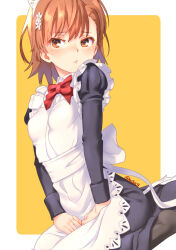  1girl alternate_costume apron black_dress black_socks border bow bowtie brown_eyes brown_hair commentary_request dress enmaided frilled_apron frills hair_ornament hairpin juliet_sleeves light_blush long_sleeves looking_to_the_side maid maid_apron maid_headdress misaka_mikoto outside_border pout puffy_sleeves raika9 red_bow red_bowtie short_hair sitting socks solo toaru_kagaku_no_railgun toaru_majutsu_no_index twitter_username waist_apron wariza white_apron white_border yellow_background 