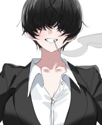  1girl black_hair bowl_cut breasts business_suit cigarette collarbone formal grin hair_over_eyes highres large_breasts looking_at_viewer messy_hair oh_(aung_ae) original pale_skin partially_unbuttoned pov shirt short_hair smile smoke smoking solo suit teeth translated upper_body white_background white_shirt 