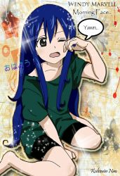  1girl barefoot between_legs blue_hair character_name collarbone english_text fairy_tail green_shirt hand_between_legs hand_up japanese_text kneeling long_hair looking_to_the_side one_eye_closed open_mouth rubbing_eyes shirt short_sleeves shorts sitting sleepy speech_bubble t-shirt tongue translated very_long_hair waking_up wariza wavy_mouth wendy_marvell yawning  rating:Sensitive score:22 user:Alexgta