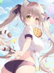 1girl ahoge animal_ear_fluff animal_ears ass balloon black_buruma black_ribbon blue_sky blush breasts buruma cat_ears cat_girl cat_tail closed_mouth commentary_request confetti cowboy_shot day fingernails floating_hair food food_in_mouth from_behind fruit green_eyes gym_uniform hair_intakes hair_ornament hair_ribbon hairclip heart heart_balloon highres impossible_clothes large_breasts light_brown_hair long_hair looking_at_viewer looking_back melon mikeou original outdoors paw_hair_ornament ribbon shirt short_sleeves sidelocks sky smile solo sports_festival sweat tail tail_raised twintails twitter_username v very_long_hair victory_pose white_shirt 