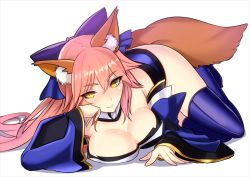  10s 1girl animal_ears bad_id bad_pixiv_id blue_thighhighs breasts cleavage fate/extra fate_(series) foreshortening fox_ears fox_tail hair_between_eyes hair_ribbon hand_on_own_cheek hand_on_own_face head_rest japanese_clothes kawabata_yoshihiro large_breasts long_hair looking_at_viewer lying pink_hair ribbon simple_background solo tail tamamo_(fate) tamamo_no_mae_(fate/extra) thighhighs v-shaped_eyebrows white_background yellow_eyes  rating:Questionable score:21 user:Mike_be