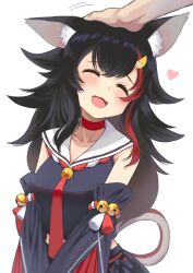  1girl @-you_(you_2023_8_16) animal_ear_fluff animal_ears bell black_hair black_shirt black_sleeves choker closed_eyes detached_sleeves happy headpat heart highres hololive long_hair ookami_mio ookami_mio_(1st_costume) red_choker red_hair revision sailor_collar shirt simple_background striped virtual_youtuber white_background wolf_ears  rating:General score:7 user:danbooru