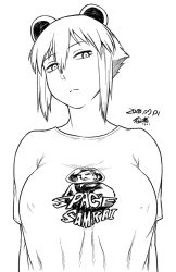 1girl 2018 animal_ears araiguma-san breasts closed_mouth clothes_writing covered_erect_nipples dated expressionless greyscale hair_between_eyes large_breasts looking_at_viewer monochrome no_bra original raccoon_ears shirt short_hair short_sleeves signature simple_background solo t-shirt tsukudani_(coke-buta) upper_body white_background rating:Sensitive score:9 user:danbooru