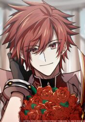  1boy black_gloves bouquet closed_mouth commentary elsword elsword_(character) english_commentary fingerless_gloves flower gloves holding holding_bouquet knight_emperor_(elsword) looking_at_viewer male_focus red_eyes red_flower red_rose rose runsir short_hair smile solo spiked_hair swept_bangs twitter_username 