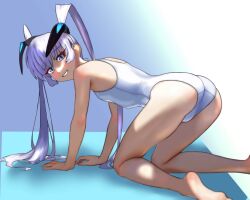  1girl all_fours ass blue_eyes commission flat_chest grey_hair grin kisaragi_shokuin long_hair looking_at_viewer looking_back muv-luv one-piece_swimsuit school_swimsuit skeb_commission smile solo swimsuit twintails very_long_hair white_one-piece_swimsuit yashiro_kasumi 