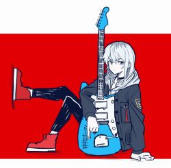  1girl :/ arm_support black_jacket black_pants choker electric_guitar fender_jazzmaster gganchan girls_band_cry guitar hair_between_eyes hood hooded_jacket instrument jacket kawaragi_momoka long_hair long_sleeves looking_at_viewer pants partially_colored pinky_out red_background red_footwear shoes sitting sneakers solo two-tone_background v-shaped_eyebrows white_background 