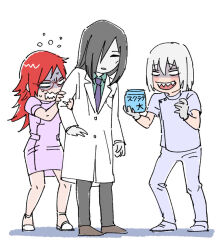 :o black_hair coat doctor flying_sweatdrops glasses gloves hands_on_another&#039;s_arm hiding hiding_behind_another holding holding_jar hoozuki_suigetsu japanese_text jar karin_(naruto) multiple_boys naruto_(series) naruto_shippuuden nurse open_mouth orochimaru_(naruto) pale_skin red_hair scrub sharp_teeth teeth translated white_background white_coat white_hair