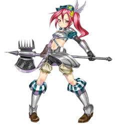  1girl armor asymmetrical_clothes axe battle_axe black_gloves breastplate dendoumushi faulds gloves greaves hat long_hair navel original pigeon-toed pink_eyes pink_hair shorts side_ponytail solo vambraces weapon 