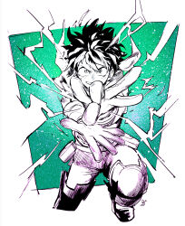  1boy belt bodysuit boku_no_hero_academia clenched_teeth freckles gloves green_background greyscale_with_colored_background highres knee_pads knee_up male_focus midoriya_izuku open_mouth outstretched_arms solo teeth yokoyari_mengo 