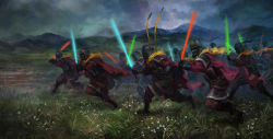  6+boys anachronism armor boots cape chinese_clothes cloud cloudy_sky energy_sword field flower gauntlets grass helm helmet hjl lightsaber male_focus multiple_boys nature original outdoors plant running sky soldier sword weapon  rating:General score:21 user:danbooru