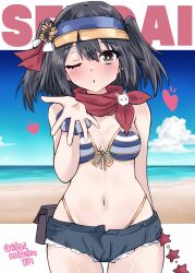  1girl absurdres beach bikini black_hair blowing_kiss blue_archive blue_sky breasts brown_eyes character_name cloud cosplay denim denim_shorts front-tie_bikini_top front-tie_top highres horizon izuna_(blue_archive) izuna_(blue_archive)_(cosplay) izuna_(swimsuit)_(blue_archive) kantai_collection kitahama_(siroimakeinu831) looking_at_viewer ocean one-hour_drawing_challenge red_scarf scarf sendai_(kancolle) short_shorts shorts sky small_breasts solo striped_bikini striped_clothes swimsuit text_background trait_connection twitter_username two_side_up visor_cap 