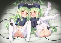  2girls absurdres anus bar_censor black_hat black_jacket black_tail blue_archive blush censored closed_mouth demon_tail fang gloves green_hair green_halo halo hat highres hikari_(blue_archive) jacket loli long_hair long_sleeves luxuriou_s multiple_girls no_pants nozomi_(blue_archive) open_mouth pantyhose peaked_cap pointy_ears pussy siblings sisters skin_fang smile tail torn_clothes torn_pantyhose twins twintails white_gloves white_pantyhose yellow_eyes 