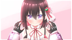 2girls azki_(3rd_costume)_(hololive) azki_(hololive) bare_shoulders black_gloves black_hair blush blush_stickers breasts cleavage colored_inner_hair commentary_request detached_collar dress gloves hair_ornament highres hololive looking_at_viewer multicolored_hair multiple_girls nanakun pov pov_hands purple_eyes roboco-san roboco-san_(hoodie) short_hair solo_focus virtual_youtuber