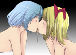  2girls blonde_hair blue_hair blush bow closed_eyes couple female_focus flandre_scarlet flat_chest french_kiss gustav_(telomere_na) hair_bow incest kiss leaning_forward loli multiple_girls nude remilia_scarlet saliva saliva_trail short_hair siblings side_ponytail sisters tongue touhou yuri  rating:Questionable score:101 user:danbooru