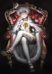 1boy androgynous aqua_eyes ascot bad_id bad_pixiv_id black_background board_game buckle bug butterfly cape chain chained chair chess child crossed_legs crossed_swords crown earrings frown full_body fur_trim head_rest high_heels highres insect jewelry long_sleeves looking_at_viewer male_focus mary_janes original pantyhose pantyhose_under_shorts restrained ryota_(ry_o_ta) shoes short_hair shorts simple_background sitting solo sword throne vest weapon white_hair white_pantyhose rating:Sensitive score:27 user:danbooru