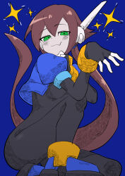  1girl absurdres aile_(mega_man_zx) black_bodysuit blue_jacket bodysuit bottomless breasts brown_hair buzzlyears cropped_jacket fang green_eyes highres jacket large_breasts long_hair looking_at_viewer mega_man_(series) mega_man_zx mega_man_zx_advent open_clothes open_jacket ponytail robot_ears skin_fang smug solo  rating:Sensitive score:5 user:danbooru